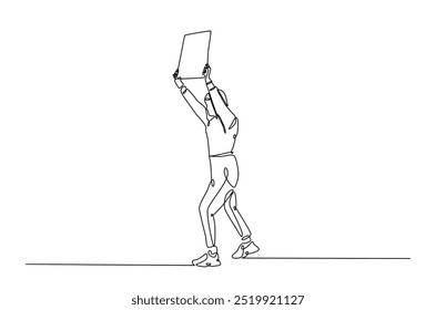 Homem segurando e levantando tábuas vazias em desenho contínuo de uma linha. manifestantes levantando cartaz vazio em ilustração de arte de uma única linha. Vetor editável.  