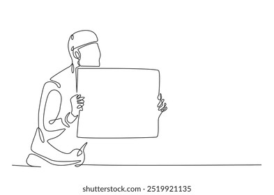 Man holding and lifting empty boards in continuous one line drawing. protesters lifting empty placard in single line art illustration. Editable vector.  