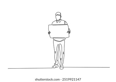 Man holding and lifting empty boards in continuous one line drawing. protesters lifting empty placard in single line art illustration. Editable vector.  