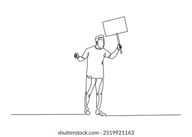 Hombre sosteniendo y levantando tablas vacías en un dibujo continuo de una línea. manifestantes levantando carteles vacíos en una sola línea ilustración de arte. Vector editable.  