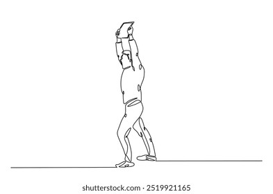 Man holding and lifting empty boards in continuous one line drawing. protesters lifting empty placard in single line art illustration. Editable vector.  