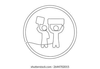 Man holding and lifting empty boards in continuous one line drawing. protesters lifting empty boards, single line art illustration. Editable vector.