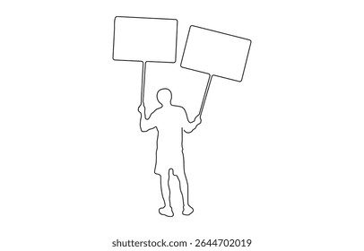 Man holding and lifting empty boards in continuous one line drawing. protesters lifting empty boards, single line art illustration. Editable vector.