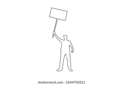 Man holding and lifting empty boards in continuous one line drawing. protesters lifting empty boards, single line art illustration. Editable vector.