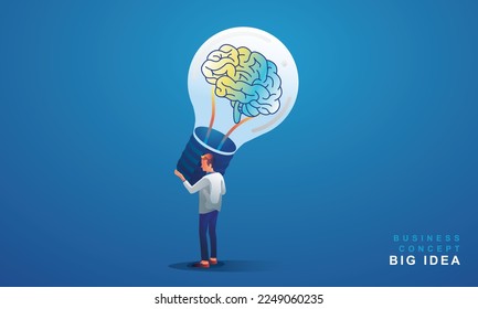 Man holding a light bulb with a brain symbolizing ideas presenting new creative ideas To be used for creativity product or service development, virtual reality vector illustration, flat design