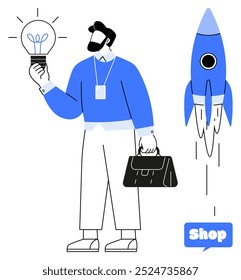 Man holding a light bulb and briefcase beside a rocket. Light bulb symbolizes ideas. Rocket represents launch and progress. Ideal for business, startup, innovation, entrepreneurship, marketing