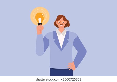 Man holding light bulb. Character vector design. Flat illustration style.
