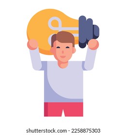 Hombre portando bombilla de luz, concepto de persona creativa icono plano 