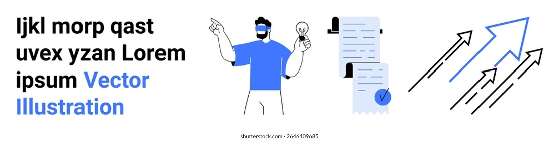 Man holding a light bulb, documents with check mark, and upward arrows. Ideal for business, creativity, innovation, education, presentations, marketing, and startup concepts. Landing page