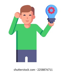 Hombre portando una bombilla, un icono plano de una persona creativa 
