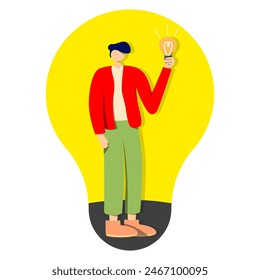 un hombre sosteniendo una bombilla. obtener una idea, inspiración, creativo. activo de Vector plano simple ilustración dibujada a mano