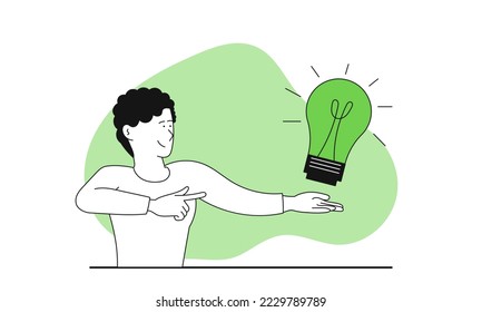 Man holding a light bulb in hands vector illustration concept. Idea search and creative marketing strategy. Business development and startup opportunity. Brainstorm exploration and analysis