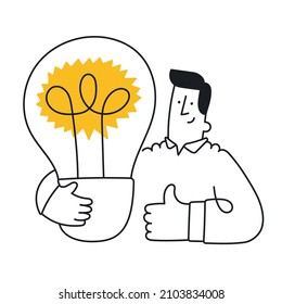 Man holding light bulb and showing thumbs up gesture. Outline, linear, thin line, doodle art. Simple style with editable stroke.