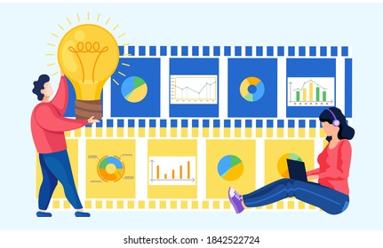 Man holding lightbulb balloon concept of get idea. Business creative intention, a good notion flat vector. Male raised up burning light bulb overhead. Great idea business solution innovate technology
