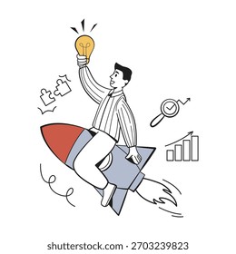 Hombre que sostiene la bombilla que monta el cohete con los iconos del negocio, estilo plano mínimo, fondo blanco. Concepto de innovación, startup, crecimiento. Ilustración vectorial