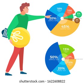 Man holding lightbulb vector, businessman pointing on stats and information results of business projects. Pie diagram with segments and percentage