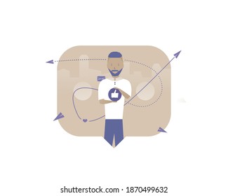 Man holding up the likes and thumb icon. Vector illustration with Web communication idea for telework, remote working and freelancing concept
