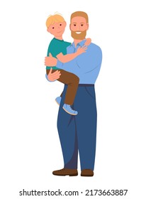 A man is holding a little boy in his arms. Smiling son hugs his happy father by the neck. Vector Illustration in flat style on a white background.