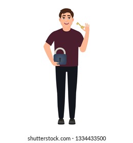 Man holding lock with key, happy character in cartoon style.