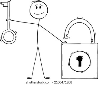 Bloqueo y clave de la mano del hombre, seguridad y solución, ilustración de garrote vectorial o ilustración de carácter.