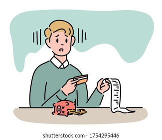 A man is holding a long credit card receipt. hand drawn style vector design illustrations. 