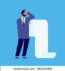 Man Holding Long List. Businessman Debt Scroll, Manager Reading Reporting Bank Or Lawyer. Male With Bankruptcy Paper Letter Vector Concept