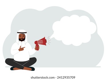 A man is holding a loudspeaker in his hands. Vector flat illustration