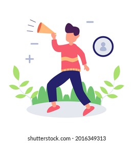 a man holding a loudspeaker looking for employees, flat illustration