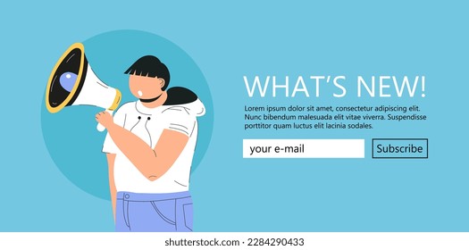 Man is holding loudspeaker.Big megaphone vector. What is news illustration for web, user interface.  Announce an important message for advertisement and company. News cooming, sales, discount