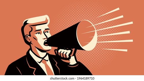 Hombre sosteniendo altavoces gritando anunciando. Concepto de negocio. Ilustración portadora Megaphone