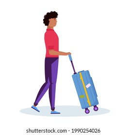 Man holding luggage for adventure tourism, travel. Journey decorative design with suitcase, baggage for traveler. Flat cartoon trendy vector.