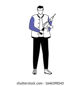 Man holding machine gun flat silhouette vector illustrations set. Armed criminal. Gangster, burglar, robber with weapon. 2D isolated outline characters on white background. Simple style drawings