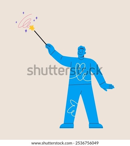 Man holding magic wand with sparkle in hand. Colorful vector illustration
