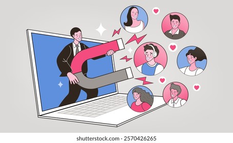 Man holding a magnet to attract people outline. Vector of a diverse group of people being attracted. Man marketer attracts and retains clients or service buyers using magnet to increase sales.