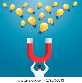 man holding magnet attracting light bulb creative concept. vector illustration