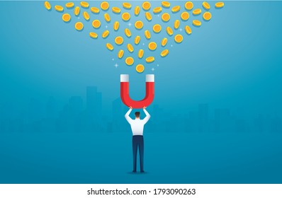 man holding magnet. attracting money concept. vector illustration