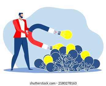 Man holding magnet attracting New Idea Light Bulb creative, Business Innovation Concept. vector illustration
