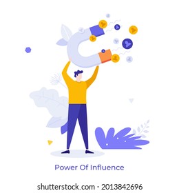 Man holding magnet attracting people. Concept of power of influence, allure, attraction, authority, drawing public attention, force impact. Modern flat colorful vector illustration for banner, poster.