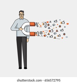 Man holding magnet attracting social media icons. Concept for digital marketing, social campaign, engaging with followers. Line style colorful vector illustration isolated on stylish background