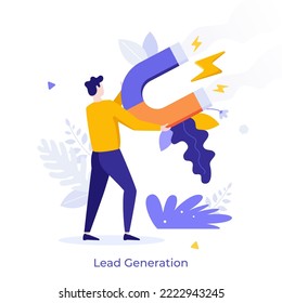 Man holding magnet. Concept of lead generation, marketing tactics to attract consumers or customers of product, advertising or promotional strategy. Modern flat vector illustration for banner, poster.