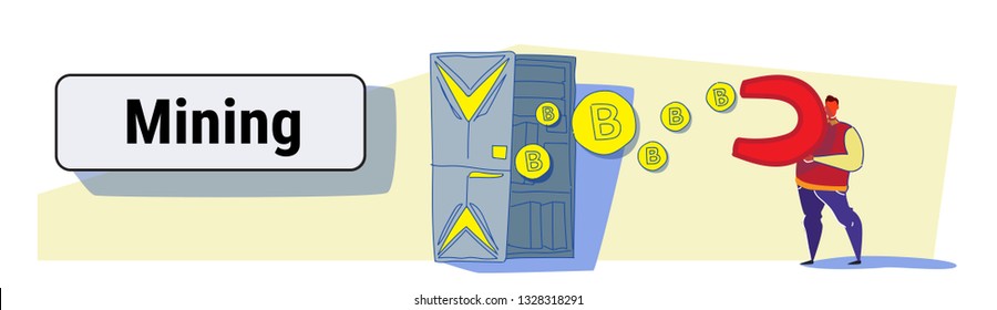 man holding magnet pulling bitcoin coins from mining farm server room crypto currency concept attracting money colorful sketch flow style doodle horizontal banner