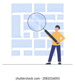 Man holding magnifier and looking for data. Search in the database, among messages, articles, text documents and files. Managing online digital database. Flat vector illustration.