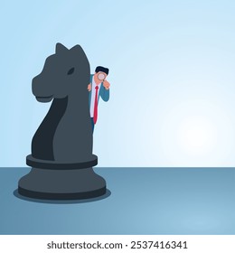 Um homem segurando uma lupa aparece por trás do cavaleiro negro. Ilustração para estratégia de negócios, planejamento e análise, desenvolvimento de negócios.