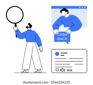 Man holding a magnifying glass, another person demonstrating cashback offer, social media post with likes and comments. Ideal for marketing, e-commerce, social media, online shopping, digital