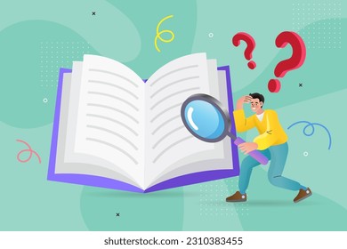 Books with magnify glass, Book search illustration, article finder vector,  library research, Stack of books. Vector Stock Vector