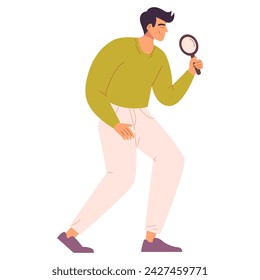 A man is holding a magnifying glass. Concept of Information Research, Frequently Asked Questions, Query, Investigation, Man Looking Through Magnifier. Vector flat illustration for website or app