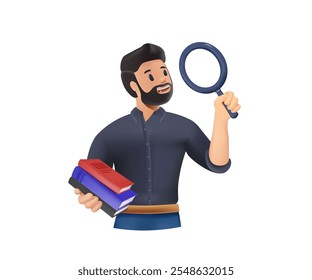 Man holding magnifying glass. Data scientist analyze data for business insight, intelligence information on marketing research. man holding a book and a magnifying glass. 3D style vector design