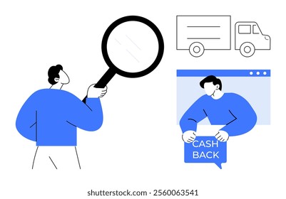 Man holding magnifying glass, delivery truck, and person with cashback offer banner. Ideal for online shopping, e-commerce, delivery tracking, transaction security, and customer incentives. Flat