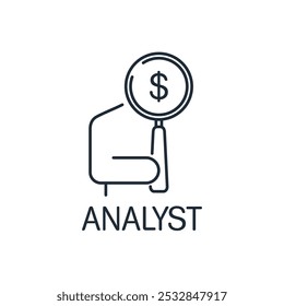Man holding magnifying glass with dollar. Financial business analyst. Trading specialist. Vector linear icon isolated on white background.