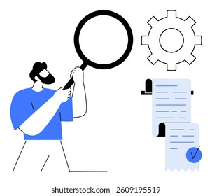Man holding a magnifying glass examines a document. A gear symbol representing settings is in the background. Ideal for business research, settings, analysis, auditing, quality control. Modern